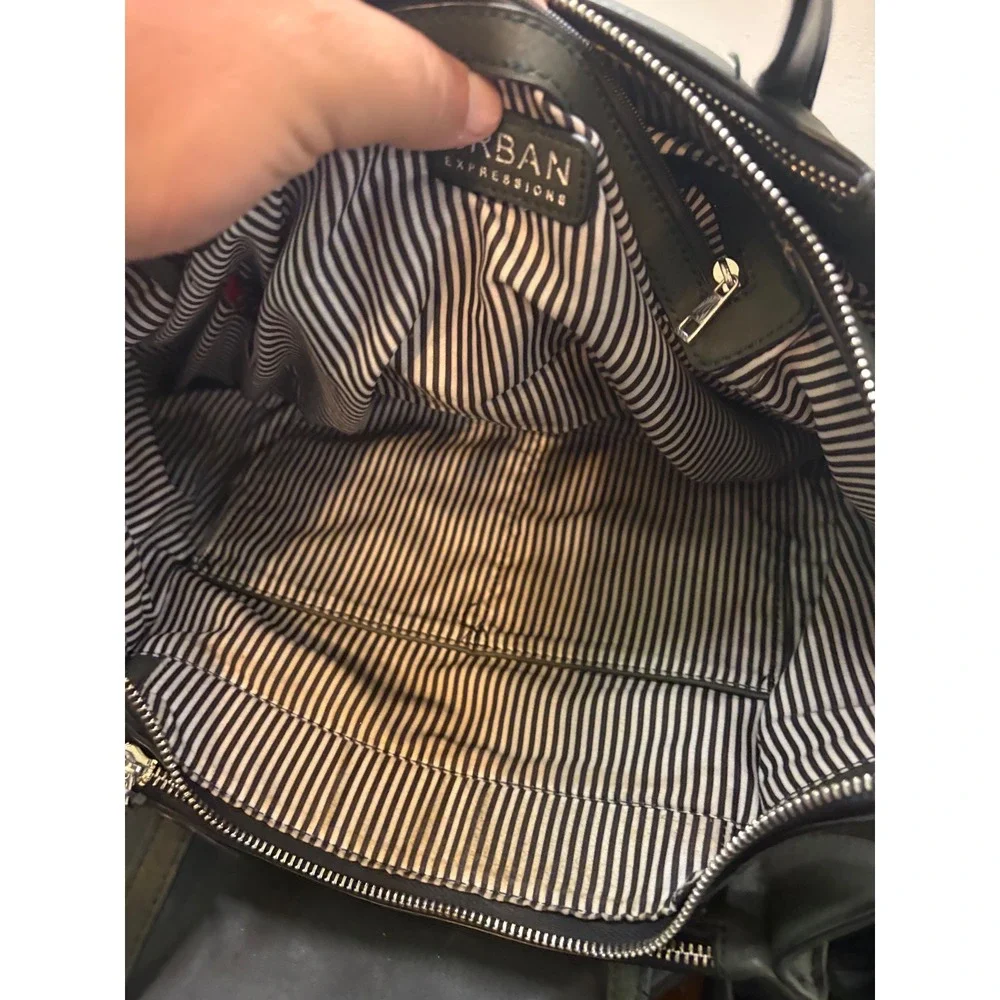Urban Expressions Olive Green Vegan Leather Tote Bag Striped Lining Shoulder Bag
